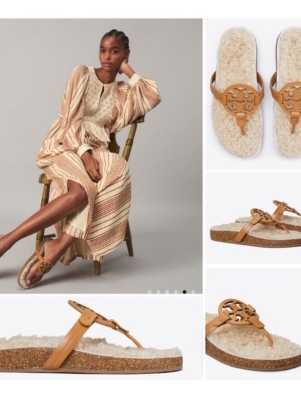 Tory Burch Camel Leather Logo Shearling Slide Sandals